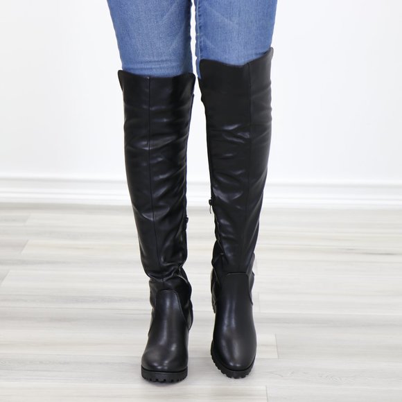 Black Over The Knee Boot Chunky Lug Heel Faux Dual Leather And Stretchy Material - Picture 15 of 15